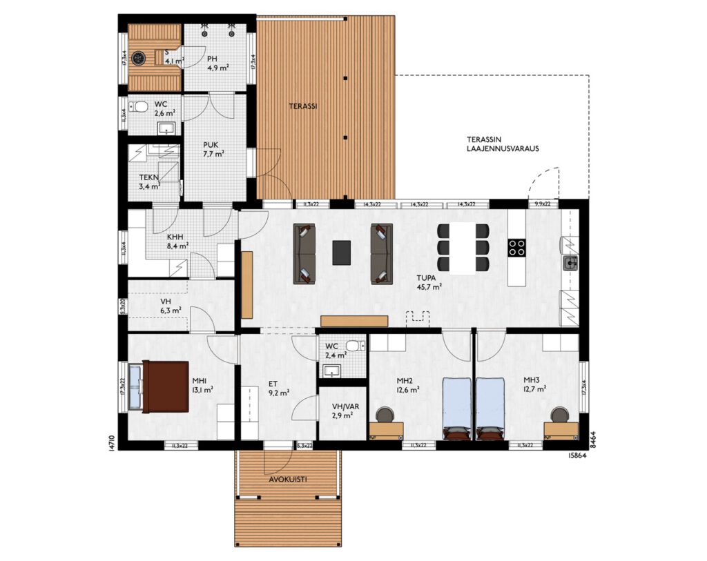 Kuvassa L-mallinen kolmen makuuhuoneen koti. L-mallinen koti luo tontille suojaisan tunnelman. Talossa on suuri terassi.