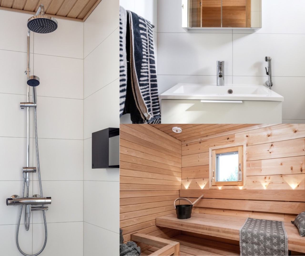 Kuvassa moderni sadesuihku, wc-kalusteita ja sauna, jossa kohdevaloja.