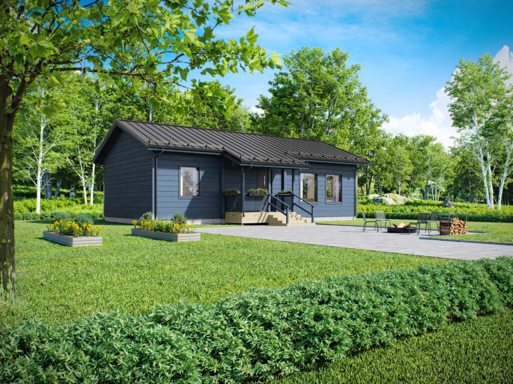 Kolmen makuuhuoneen hirsikoti, keittiö ja olohuone talon päässä